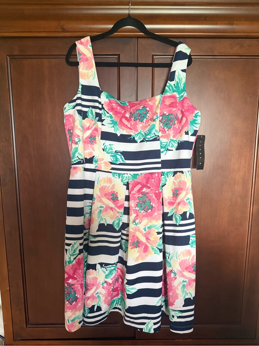Navy Stripe Floral Fit-and-Flare Dress